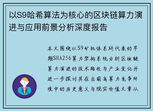 以S9哈希算法为核心的区块链算力演进与应用前景分析深度报告